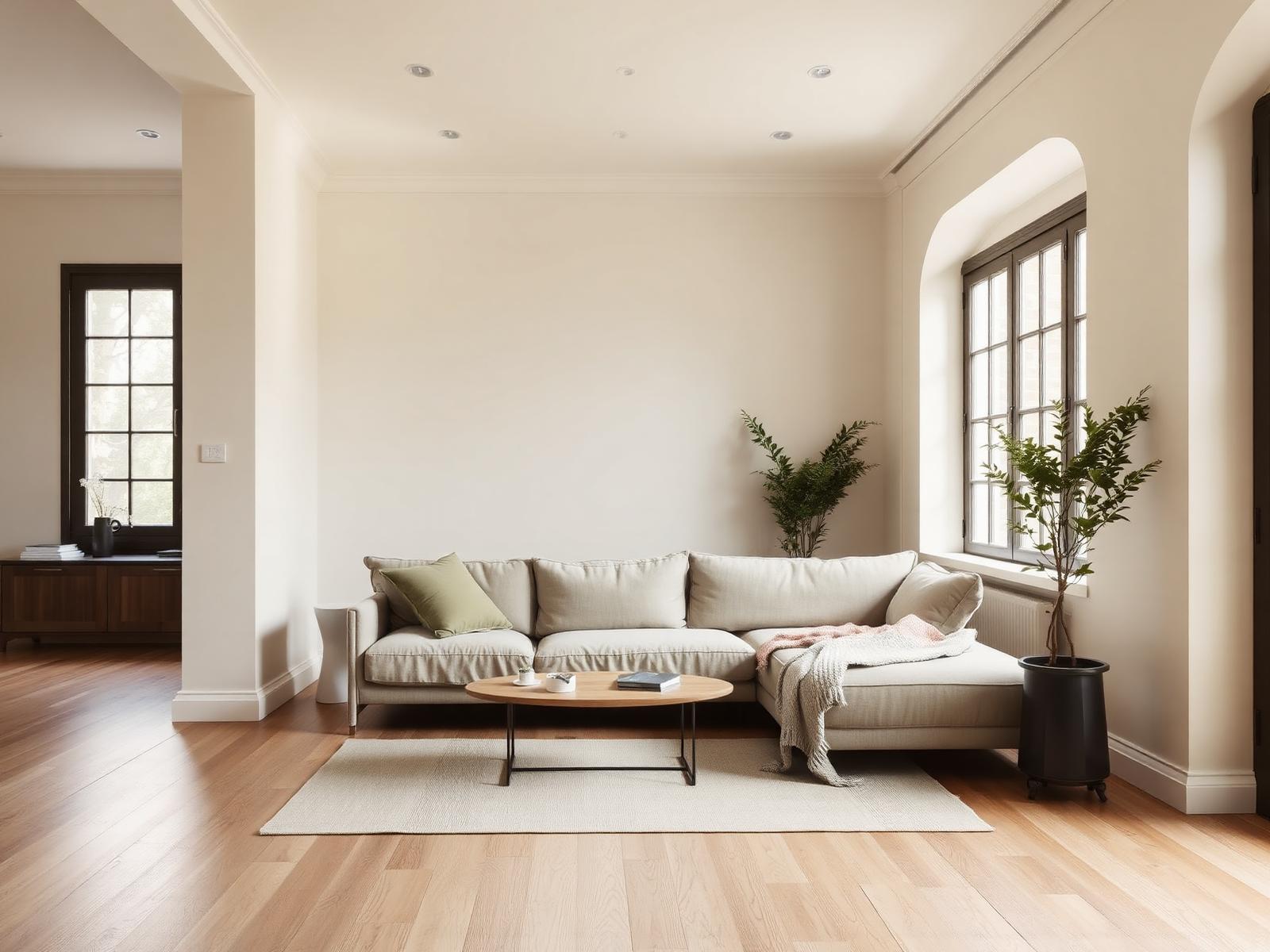 Interior minimalist cu lemn și tonuri neutre — imagine demonstrativă, de înlocuit